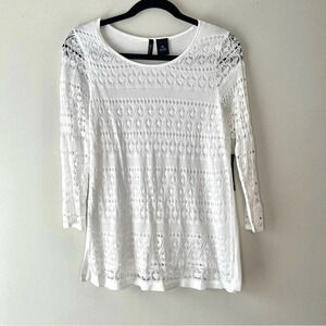 New Directions lace crocheted 3/4 sleeve white blouse size petite Medium NWT